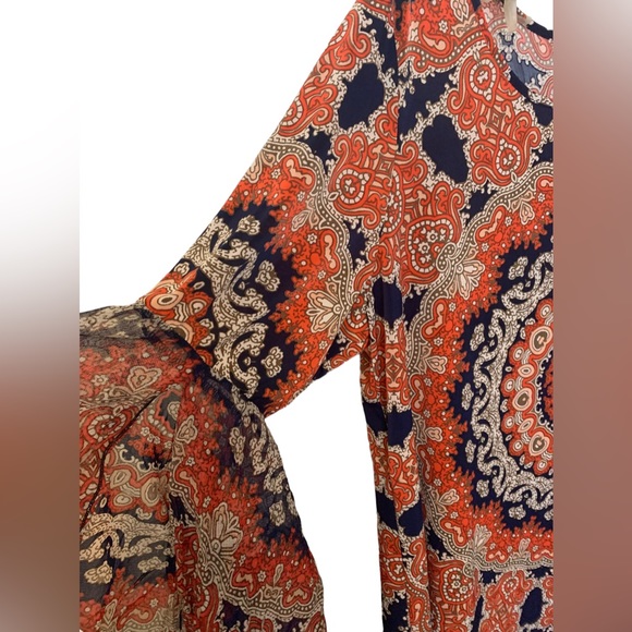 NWT TACERA Woman’s Medallion Orange Navy Blue Dress Sheer Winged Sleeves 2X - Picture 5 of 15